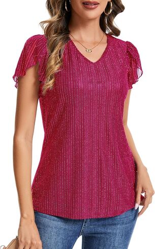 Womens Glitter Tops Short Sleeve Dressy V Neck Sparkly Casual Double Layers Shirts in Saudi Arabia