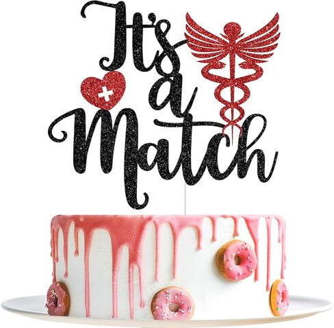 It's A Match Cake Topper, Happy Match Day Cake Topper, Match 2025, Doctor Match Day Decor, Medical School Residency Party Decorations (Black and Red Glitter) in Kuwait