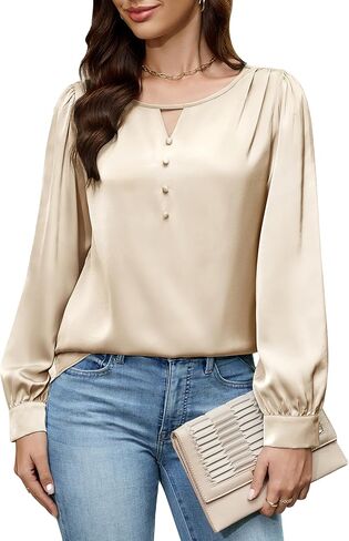 Blooming Jelly Womens Business Casual Outfits Satin Silk Blouses Dressy Long Sleeve Tops Office Work Shirts in Saudi Arabia
