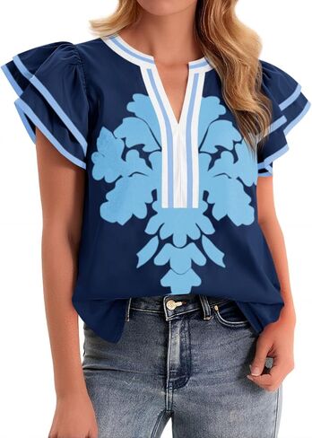 Cicy Bell Womens Ruffle Color Block Blouses Summer Casual V Neck Floral Print Tank Tops Pleated Loose Fit Shirts in Saudi Arabia