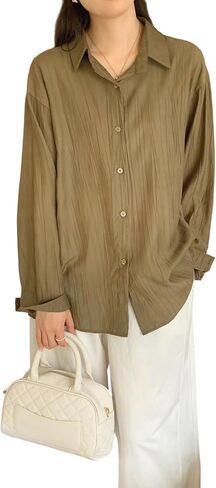 Women's Textured Button Shirt, Roll-Up Sleeve Casual Shirt, Classic Collared Shirt, Fashionable Work Top in Saudi Arabia