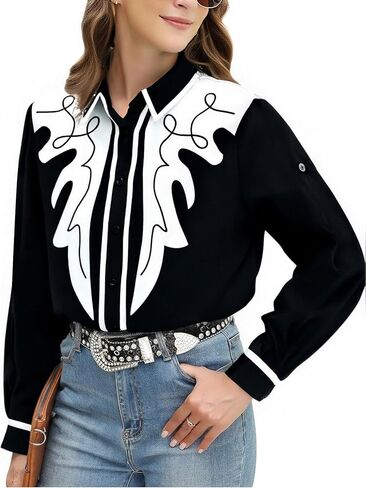 UNIQUEONE Western Shirt Women Cowgirl Tshirt:Boho Cowboy Graphic Shirts Retro Long Sleeve Button Down Casual Blouses in Saudi Arabia
