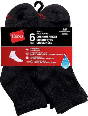 مجموعة جوارب Hanes Red Label للرجال مكونة من 6 جوارب للكاحل مبطنة، أسود، 6 رجال، أسود، 6 in Saudi Arabia