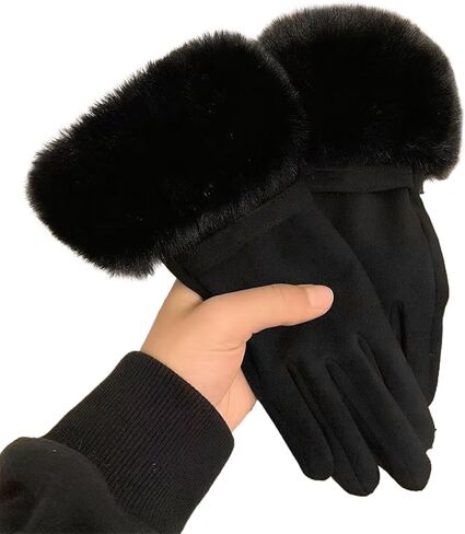 Women Suede Winter Gloves Elegant Party Gloves Touchscreen Text Fleece Lined Warm Windproof Mittens with Faux Fur Cuff in Saudi Arabia
