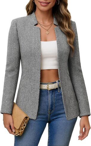 Mina Self 2025 Fall Women's Herringbone Tweed Blazer Jacket - Plaid Open Front Slim Stand Collar Full-Lined Work Trendy Coat in Saudi Arabia