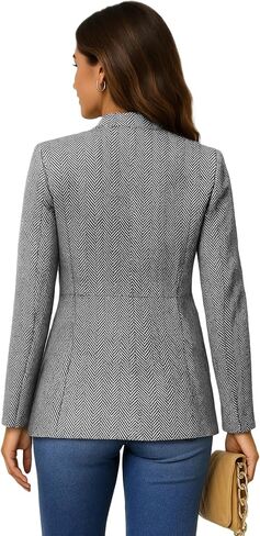 Mina Self 2025 Fall Women's Herringbone Tweed Blazer Jacket - Plaid Open Front Slim Stand Collar Full-Lined Work Trendy Coat in Saudi Arabia