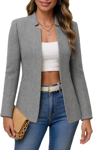 Mina Self 2025 Fall Women's Herringbone Tweed Blazer Jacket - Plaid Open Front Slim Stand Collar Full-Lined Work Trendy Coat in Saudi Arabia