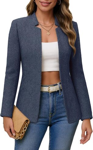 Mina Self 2025 Fall Women's Herringbone Tweed Blazer Jacket - Plaid Open Front Slim Stand Collar Full-Lined Work Trendy Coat in Saudi Arabia