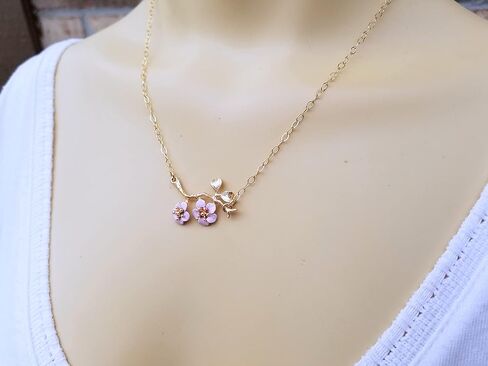 Cherry Blossom Flower Choker Necklace with Gold Filled Chain - Hand Painted Quality Handmade Gift in Kuwait