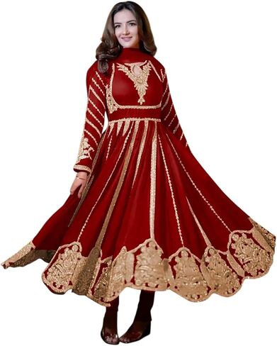فستان roly polyWomen's صناعي جورجيت مطرز بالتسلسل عمل Anarkali Kurti مع وشاح شبكي in Kuwait