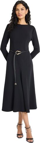 Maggy London Womens Long Sleeve Midi Dress with Tie Belt - A-line Silhouette Round Neck Fitted Bodice in Saudi Arabia
