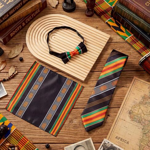 مجموعة من 3 قطع من ربطات العنق الأفريقية من Kente وربطة عنق مربعة للجيب للرجال إكسسوارات الملابس ربطة العنق المطبوعة الأفريقية وإكسسوارات شهر التاريخ الأسود للرجال in Saudi Arabia