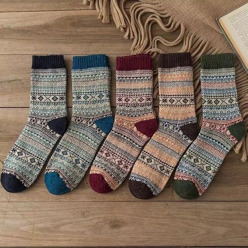 5 Pack Crew Socks for Women Vintage Cotton Fall Thick Ankle Socks Boho Knit Warm Soft Boot Long Sock Breathable Stocking in Saudi Arabia