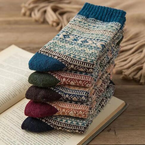 5 Pack Crew Socks for Women Vintage Cotton Fall Thick Ankle Socks Boho Knit Warm Soft Boot Long Sock Breathable Stocking in Saudi Arabia
