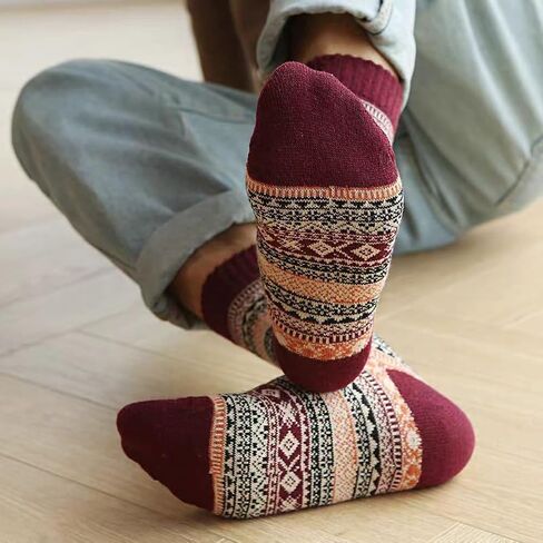 5 Pack Crew Socks for Women Vintage Cotton Fall Thick Ankle Socks Boho Knit Warm Soft Boot Long Sock Breathable Stocking in Saudi Arabia