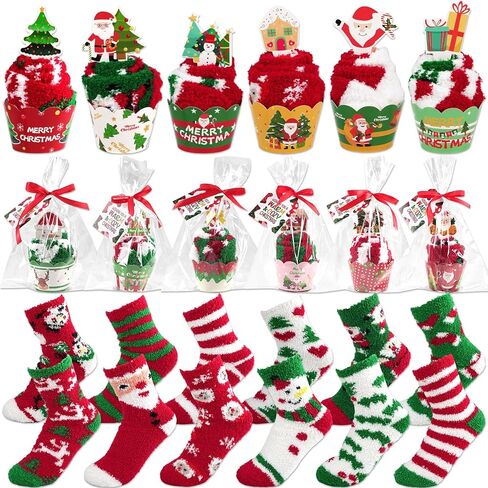 12 Pairs Christmas Fuzzy Socks Christmas Cupcake Fuzzy Socks DIY Gift Set for Women and Girls Xmas Thick Cozy Bed Sock with Greeting Cards for Adult Kids Party Home Indoor Sleeping Xmas Holiday in Saudi Arabia
