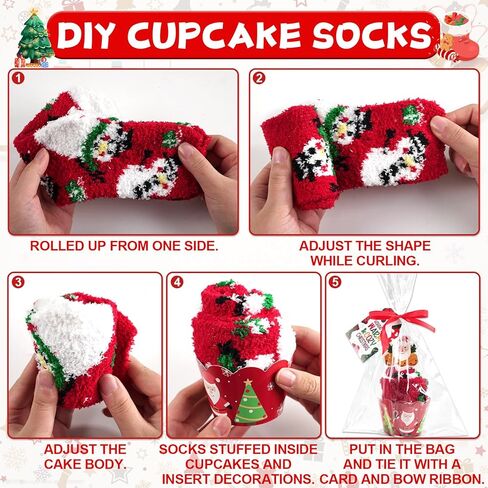 12 Pairs Christmas Fuzzy Socks Christmas Cupcake Fuzzy Socks DIY Gift Set for Women and Girls Xmas Thick Cozy Bed Sock with Greeting Cards for Adult Kids Party Home Indoor Sleeping Xmas Holiday in Saudi Arabia