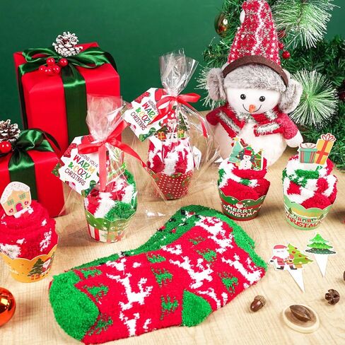 12 Pairs Christmas Fuzzy Socks Christmas Cupcake Fuzzy Socks DIY Gift Set for Women and Girls Xmas Thick Cozy Bed Sock with Greeting Cards for Adult Kids Party Home Indoor Sleeping Xmas Holiday in Saudi Arabia