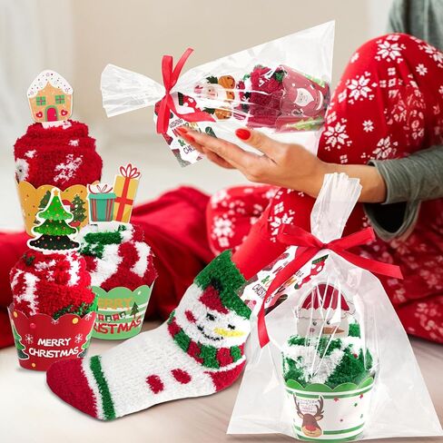 12 Pairs Christmas Fuzzy Socks Christmas Cupcake Fuzzy Socks DIY Gift Set for Women and Girls Xmas Thick Cozy Bed Sock with Greeting Cards for Adult Kids Party Home Indoor Sleeping Xmas Holiday in Saudi Arabia