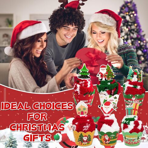 12 Pairs Christmas Fuzzy Socks Christmas Cupcake Fuzzy Socks DIY Gift Set for Women and Girls Xmas Thick Cozy Bed Sock with Greeting Cards for Adult Kids Party Home Indoor Sleeping Xmas Holiday in Saudi Arabia