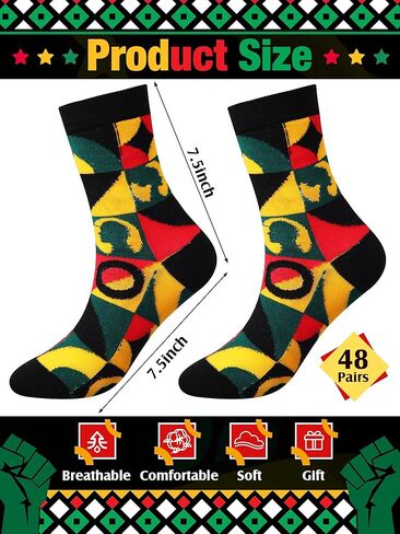 Ramede 48 Pairs Black History Month Socks for Men Women Juneteenth Novelty Dress Socks African Flag Crew Socks Black Power Socks Novelty Holiday Socks for African Men Gift in Saudi Arabia