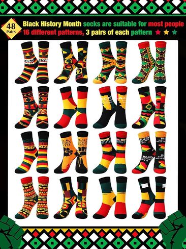 Ramede 48 Pairs Black History Month Socks for Men Women Juneteenth Novelty Dress Socks African Flag Crew Socks Black Power Socks Novelty Holiday Socks for African Men Gift in Saudi Arabia
