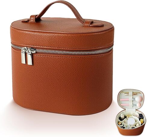 Leather Makeup Bag, Waterproof Cosmetic Bag with Removable Washable Compartments, Elastic Brush Straps, Dual Zipper & Carry Handle, Brown in Saudi Arabia