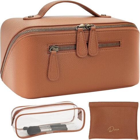 Travel Makeup Bag 3 Pcs Set, Waterproof Vegan Leather Toiletry Bag Organizer with Compartments & Handle, Cosmetic Bags for Women, Portable Travel Essentials Pouch (Large, brown) in Saudi Arabia