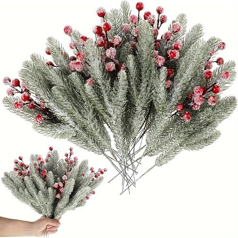 12 Pcs Snowy Cedar Berry Picks Christmas Frosted Pine Branches Artificial Red Berry Cedar Stems Faux Greenery Holly Berries Sprays in Saudi Arabia