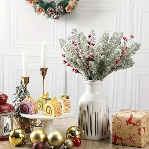12 Pcs Snowy Cedar Berry Picks Christmas Frosted Pine Branches Artificial Red Berry Cedar Stems Faux Greenery Holly Berries Sprays in Saudi Arabia