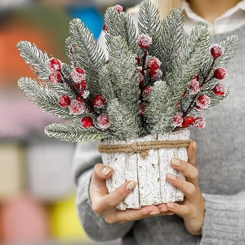 12 Pcs Snowy Cedar Berry Picks Christmas Frosted Pine Branches Artificial Red Berry Cedar Stems Faux Greenery Holly Berries Sprays in Saudi Arabia