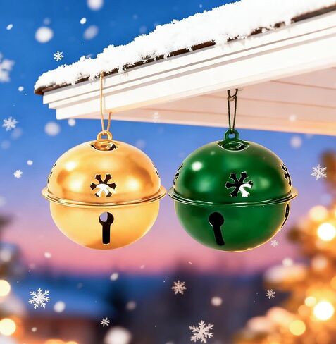 2 Pcs Christmas Jingle Bells-Snowflake Bells Christmas for Decoration-Wind Chimes for Outside-Vintage Metal Jingle Bells - Gold and Green1.97-inch in Saudi Arabia