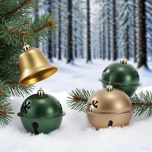 2 Pcs Christmas Jingle Bells-Snowflake Bells Christmas for Decoration-Wind Chimes for Outside-Vintage Metal Jingle Bells - Gold and Green1.97-inch in Saudi Arabia