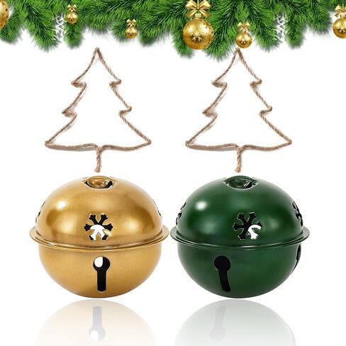 2 Pcs Christmas Jingle Bells-Snowflake Bells Christmas for Decoration-Wind Chimes for Outside-Vintage Metal Jingle Bells - Gold and Green1.97-inch in Saudi Arabia