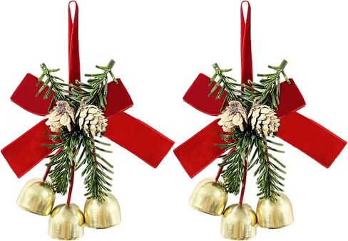 2 Pcs Christmas Wreath Bows with Jingle Bells and Pinecone, FoyaHome Hanging Decor for Tree Topper, Cabinet, Gift - Velvet Bow Ornaments & Bell Decorations in Saudi Arabia