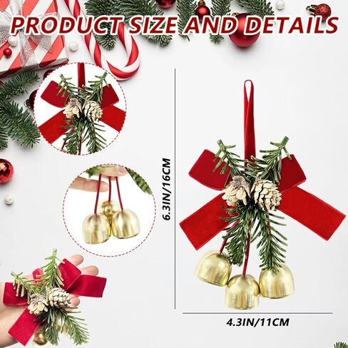 2 Pcs Christmas Wreath Bows with Jingle Bells and Pinecone, FoyaHome Hanging Decor for Tree Topper, Cabinet, Gift - Velvet Bow Ornaments & Bell Decorations in Saudi Arabia