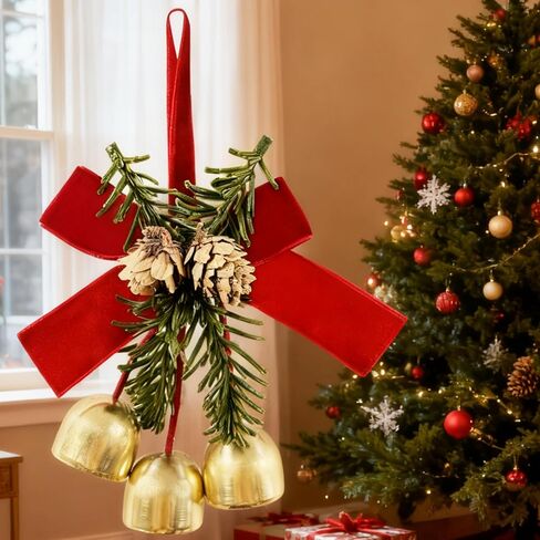 2 Pcs Christmas Wreath Bows with Jingle Bells and Pinecone, FoyaHome Hanging Decor for Tree Topper, Cabinet, Gift - Velvet Bow Ornaments & Bell Decorations in Saudi Arabia