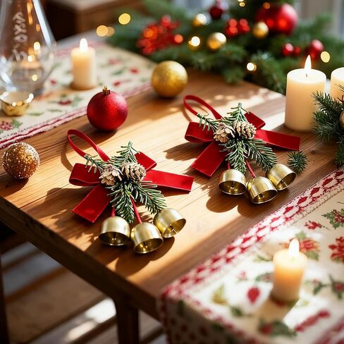2 Pcs Christmas Wreath Bows with Jingle Bells and Pinecone, FoyaHome Hanging Decor for Tree Topper, Cabinet, Gift - Velvet Bow Ornaments & Bell Decorations in Saudi Arabia