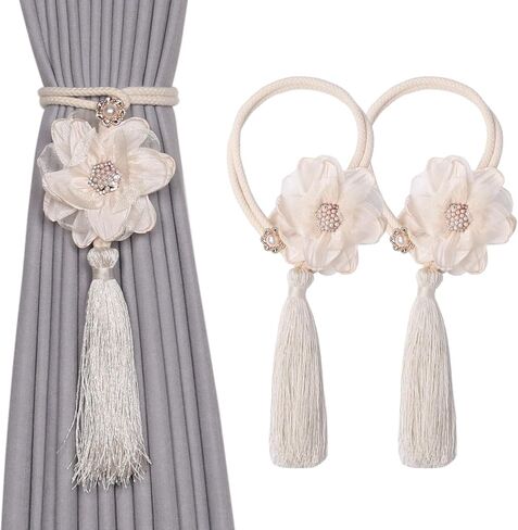 NICEEC 4 Pack Cute Flowers Tassel Curtain Tiebacks Handmade Braided Rope Drape Tie Backs Natural Rustic Style Decorative Curtain Holdbacks for Home & Office Window Drapery (Red) in Saudi Arabia