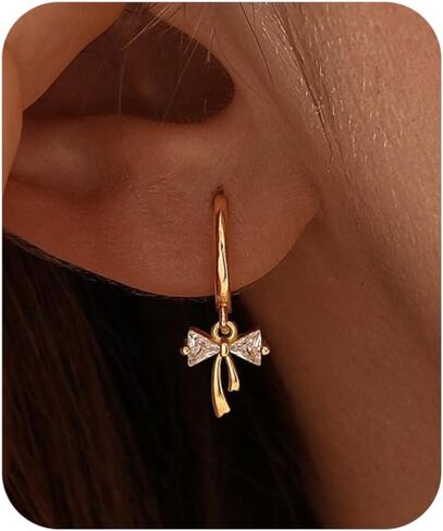 Dangle Bow Earrings For Women 14k Gold Plated Huggie Hoop Silver Dangling CZ Drop Small Cute Ribbon Dainty Trendy Christmas Gifts Jewelry in Saudi Arabia