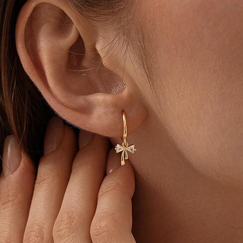 Dangle Bow Earrings For Women 14k Gold Plated Huggie Hoop Silver Dangling CZ Drop Small Cute Ribbon Dainty Trendy Christmas Gifts Jewelry in Saudi Arabia