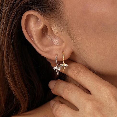 Dangle Bow Earrings For Women 14k Gold Plated Huggie Hoop Silver Dangling CZ Drop Small Cute Ribbon Dainty Trendy Christmas Gifts Jewelry in Saudi Arabia