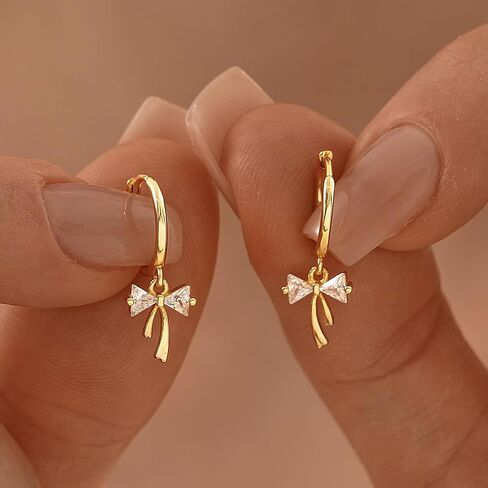 Dangle Bow Earrings For Women 14k Gold Plated Huggie Hoop Silver Dangling CZ Drop Small Cute Ribbon Dainty Trendy Christmas Gifts Jewelry in Saudi Arabia