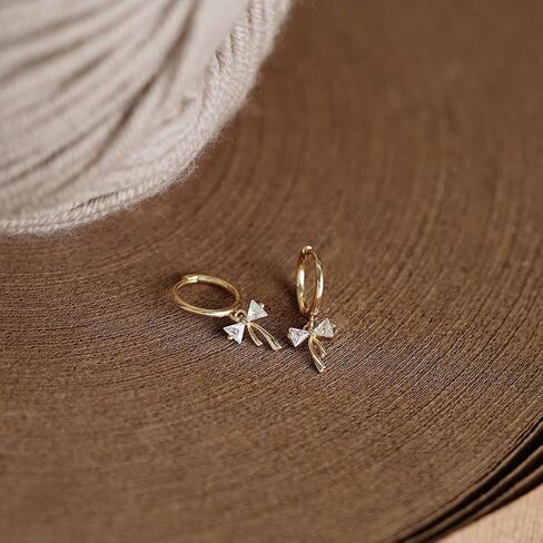 Dangle Bow Earrings For Women 14k Gold Plated Huggie Hoop Silver Dangling CZ Drop Small Cute Ribbon Dainty Trendy Christmas Gifts Jewelry in Saudi Arabia