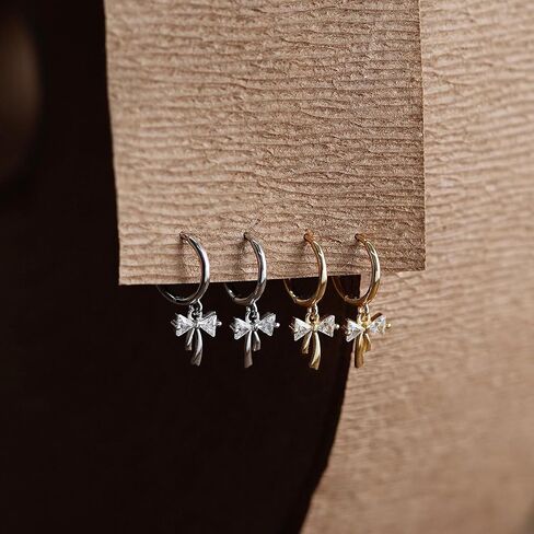 Dangle Bow Earrings For Women 14k Gold Plated Huggie Hoop Silver Dangling CZ Drop Small Cute Ribbon Dainty Trendy Christmas Gifts Jewelry in Saudi Arabia