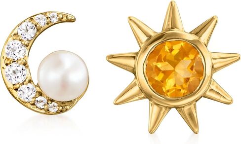 Ross-Simons 4mm Cultured Pearl and .60 ct. t.w. Multi-Gemstone Sun and Moon Mismatched Earrings in 18kt Gold Over Sterling in Saudi Arabia