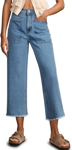 Sidefeel Womens Wide Leg Baggy Capri Jeans High Waisted Straight Leg Stretchy Raw Hem Cropped Denim Pants with Pockets in Saudi Arabia