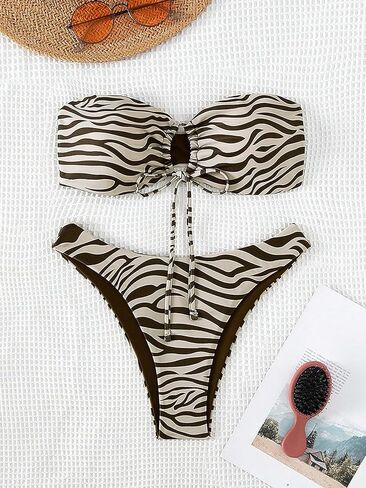 WDIRARA Women's Zebra Strapless Bandeau Bikini Set Ring Tie Knot Swimsuit 2 Piece Bathing Suit in Saudi Arabia