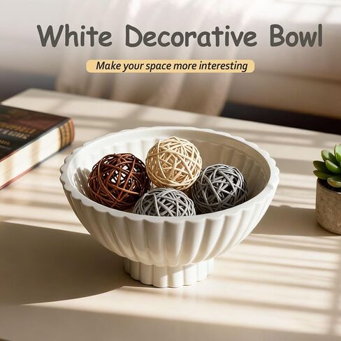 8 Inch White Ceramic Decorative Bowl Modern Small Footed Fruit Bowl Kitchen Counter Key Bowl for Home Decor, Ruffle Pedestal Centerpiece Bowls for Christmas Coffee Table in Saudi Arabia