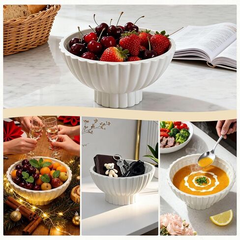 8 Inch White Ceramic Decorative Bowl Modern Small Footed Fruit Bowl Kitchen Counter Key Bowl for Home Decor, Ruffle Pedestal Centerpiece Bowls for Christmas Coffee Table in Saudi Arabia